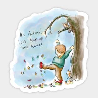 Boy Playing In Autumn Leaves Sticker